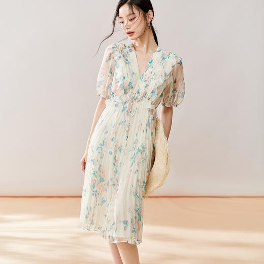 剩S/M 芳外【法式茶歇碎花裙】2025夏季新款V领百褶连衣裙 商品图3