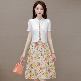 夏款时尚，印花简约中长款内搭连衣裙国风时髦短袖开衫两件套QYM-XYKL-J49-L