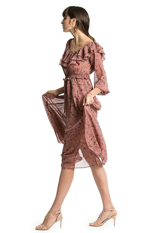 ROSEHOO 印花荷叶边饰一字肩雪纺连衣裙 2094 商品图2