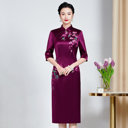 MLY旗袍春夏醋酸缎刺绣女复古改良旗袍婚礼喜婆婆优雅宴会 商品图0