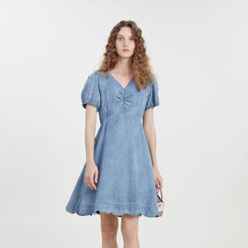 谜底复古V领牛仔连衣裙短袖2023夏季新款收腰显瘦中长裙232ML0624