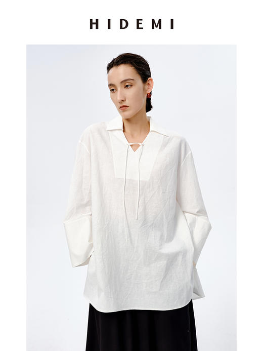 HIDEMI 水洗艺术感亚麻翻领廓形衬衫 商品图4