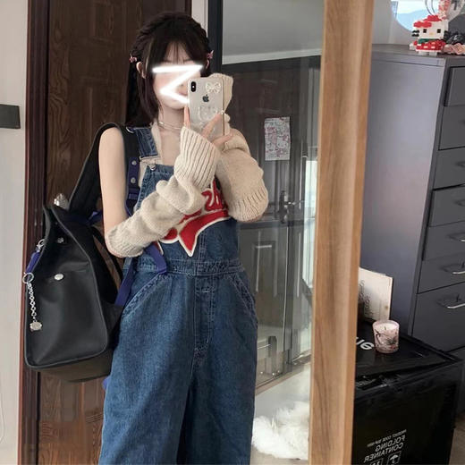 【宽松舒适 遮肉显瘦】潮牌刺绣牛仔背带裤女 春秋季百搭宽松阔腿 显瘦高腰小个子连体长裤 时尚潮流牛仔裤 商品图4