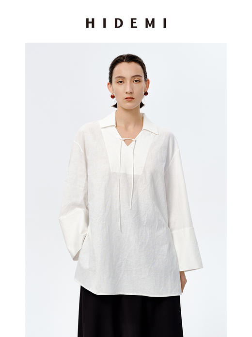 HIDEMI 水洗艺术感亚麻翻领廓形衬衫 商品图0