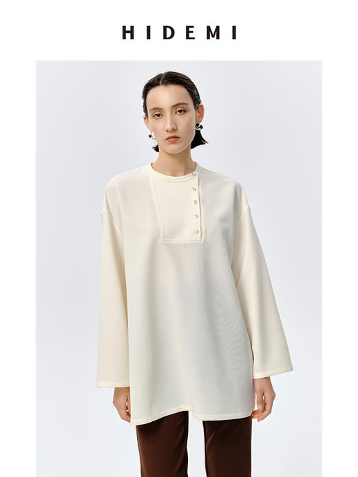 HIDEMI 云朵顺滑轻肤感极简廓形不对称按扣宽松廓形上衣 商品图0