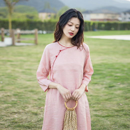 * 绽放295朵/亚麻提花新中式旗袍领七分袖连衣裙 商品图1