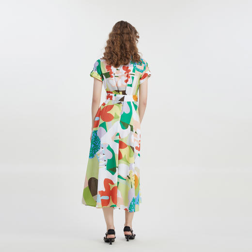 谜底时尚V领连衣裙短袖2023夏新款复古花色绑带收腰长裙232ML0697 商品图2