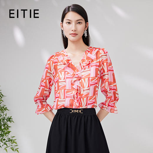 EITIE爱特爱夏季新款印花通勤复古透气短袖6609302衬衣 商品图0