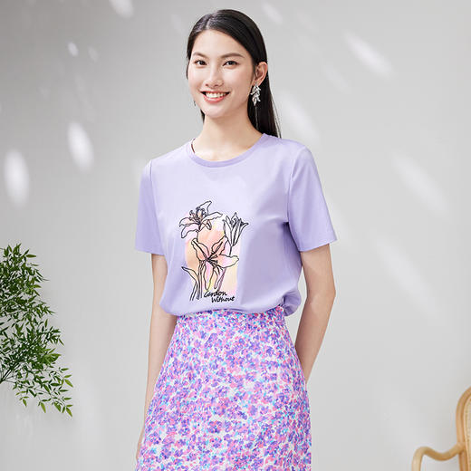 EITIE爱特爱夏季新款时尚百搭打底舒适弹力圆领印花T恤女7002704 商品图1