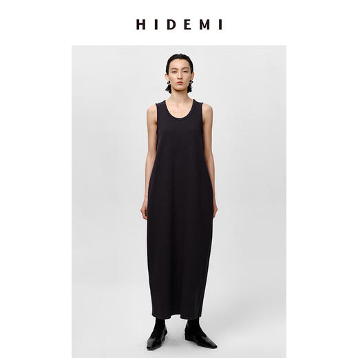 HIDEMI 自然棉系列高密竖条针织U型领针织阔型口袋长裙 蓝灰色/白 商品图1