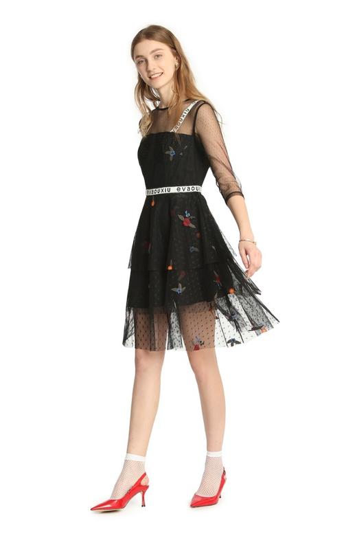 EVA OUXIU伊华欧秀 黑色网纱仿两件连衣裙 1957 商品图0