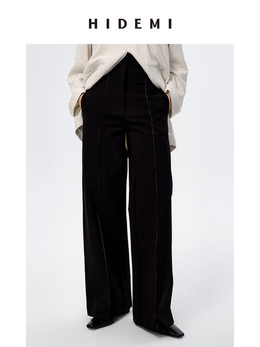 HIDEMI 显瘦高腰明线设计感口袋式阔腿西裤 商品图5