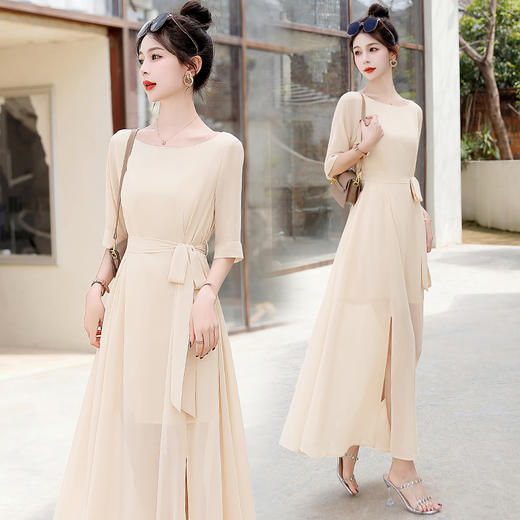 夏季新款，高腰五分袖时尚气质下摆开叉雪纺连衣裙HR-GJC2326-7 商品图1