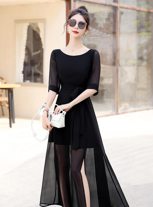 夏季新款，高腰五分袖时尚气质下摆开叉雪纺连衣裙HR-GJC2326-7 商品图5