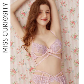 好奇蜜斯性感内衣女夏季薄款蕾丝文胸罩套装显胸小纯欲吊袜带套装卡迪