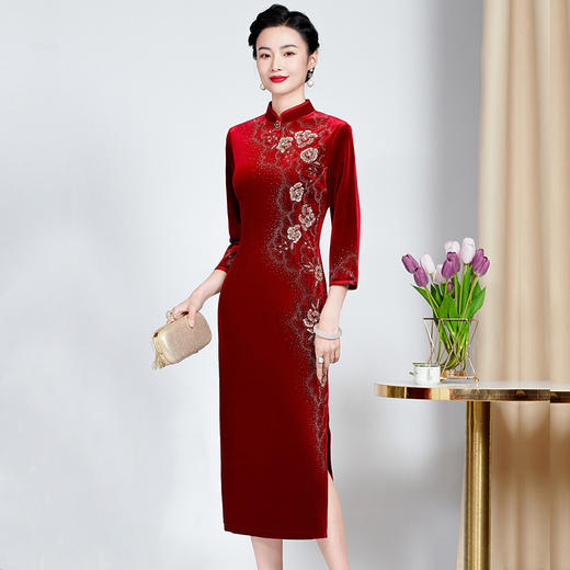 MLY-60971新款立领改良金丝绒旗袍喜婆婆婚宴连衣裙 商品图2