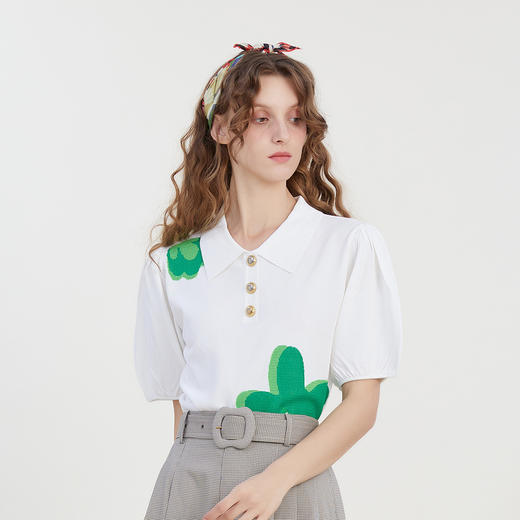 谜底POLO领针织上衣女2023夏季新款宽松大花针织衫短袖232MZ0859 商品图1