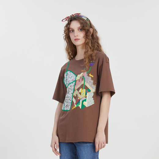 谜底圆领宽松印花T恤女2023夏季新款特色绣花短袖纯棉232MT0600 商品图1