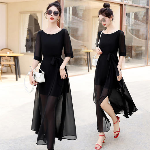 夏季新款，高腰五分袖时尚气质下摆开叉雪纺连衣裙HR-GJC2326-7 商品图2