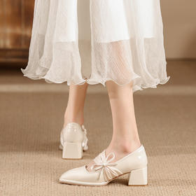 「两款配色！简约设计」2023年新款玛丽珍鞋 女漆皮高跟单鞋方头浅口粗跟蝴蝶结单鞋女