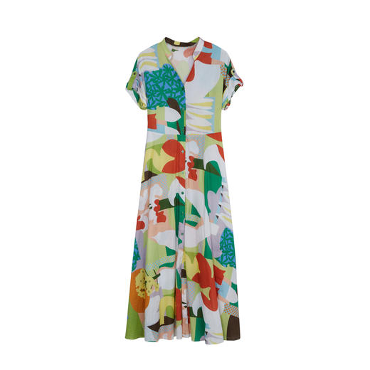 谜底时尚V领连衣裙短袖2023夏新款复古花色绑带收腰长裙232ML0697 商品图4