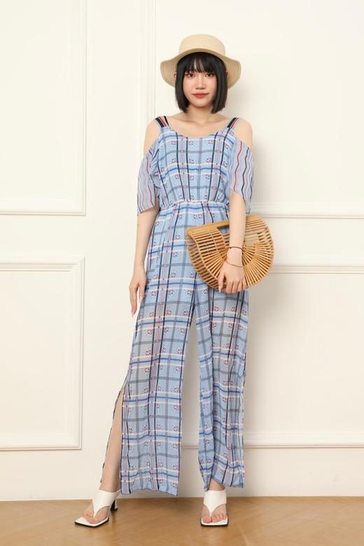TONGRI曈日 蓝色格纹半透明吊带连体裤 6869 商品图1