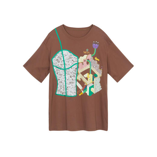 谜底圆领宽松印花T恤女2023夏季新款特色绣花短袖纯棉232MT0600 商品图4