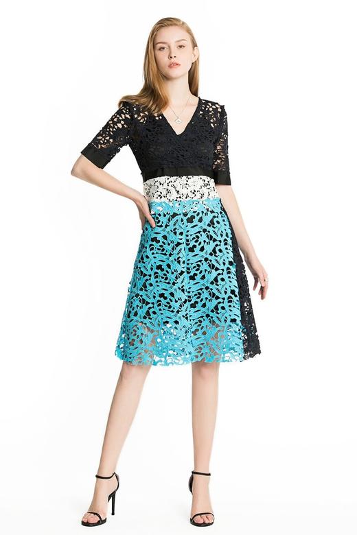 DONG DE XI 色彩拼接镂空钩花连衣裙 1967 商品图0