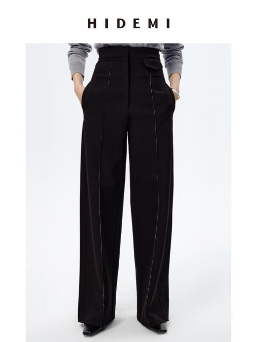 HIDEMI 显瘦高腰明线设计感口袋式阔腿西裤 商品图2