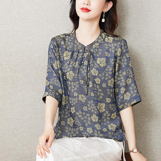 中国风复古提花衬衫休闲半开领宽松T恤上衣K-422H2191 商品图1