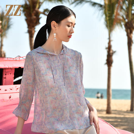 佐尔美夏季新款 轻盈舒适桑蚕丝真丝乔其防晒帽衫女E32CS04 商品图1
