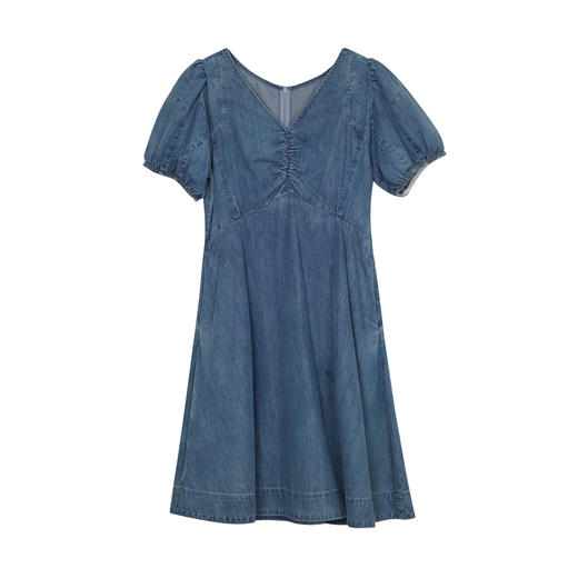 谜底复古V领牛仔连衣裙短袖2023夏季新款收腰显瘦中长裙232ML0624 商品图4