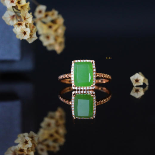 18K玫瑰金和田玉（碧玉）满钻方戒/切割方牌7*9mm/苹果绿 商品图3