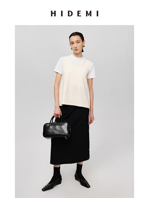 HIDEMI 自然棉系列高密竖条针织U型领背心 米白色/蓝灰色 商品图3