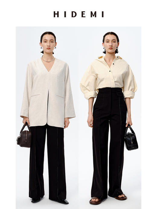 HIDEMI 显瘦高腰明线设计感口袋式阔腿西裤 商品图6