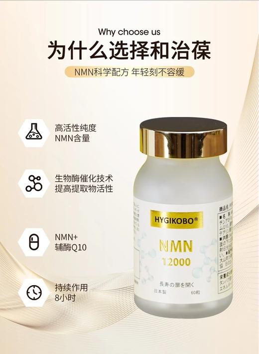 限时买3送1 买6送2 莫言、杨明义同款 京东3980 一瓶【日本HygiKobo和治葆NMN​ 】服用一瓶等于同时服用NMN+辅酶Q10+姜黄素+护*片，一瓶抵4瓶 商品图2