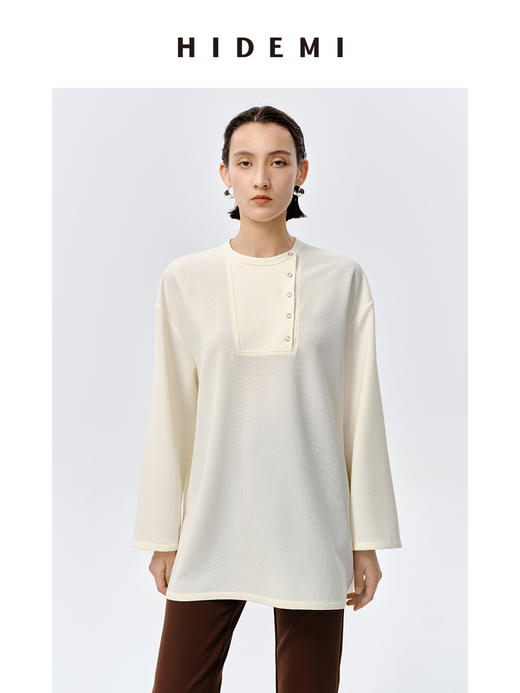 HIDEMI 云朵顺滑轻肤感极简廓形不对称按扣宽松廓形上衣 商品图4