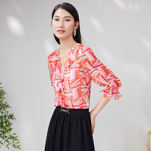 EITIE爱特爱夏季新款印花通勤复古透气短袖6609302衬衣 商品图1