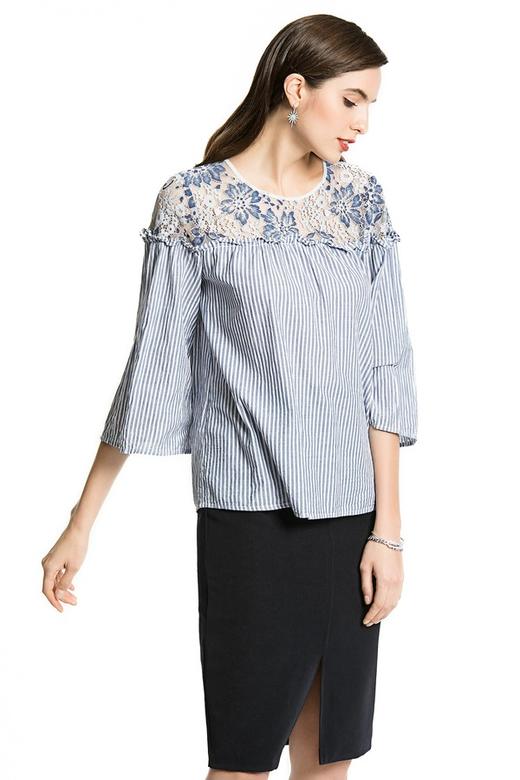 BCBGMaxazria 蓝色条纹蕾丝拼接上衣 2056 商品图0