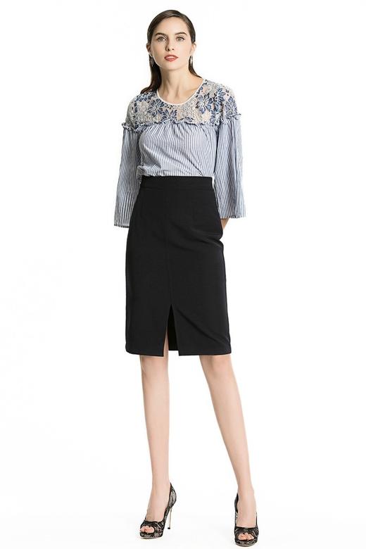 BCBGMaxazria 蓝色条纹蕾丝拼接上衣 2056 商品图1