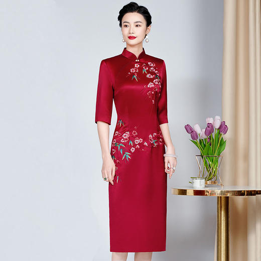 MLY旗袍春夏醋酸缎刺绣女复古改良旗袍婚礼喜婆婆优雅宴会 商品图1