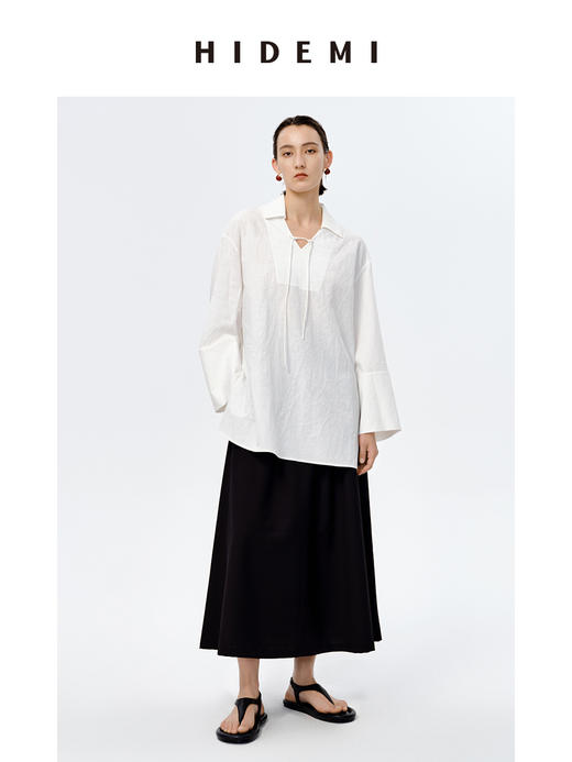 HIDEMI 水洗艺术感亚麻翻领廓形衬衫 商品图3