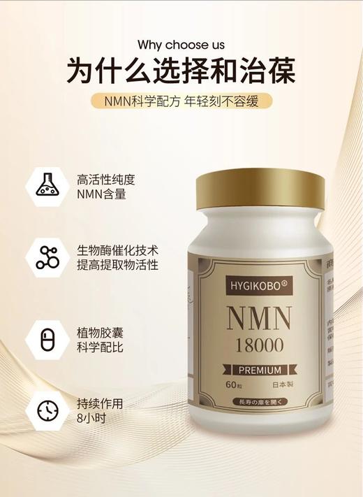 限时买3送1 买6送2 莫言、杨明义同款 京东3980 一瓶【日本HygiKobo和治葆NMN​ 】服用一瓶等于同时服用NMN+辅酶Q10+姜黄素+护*片，一瓶抵4瓶 商品图4