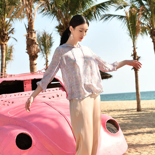 佐尔美夏季新款 轻盈舒适桑蚕丝真丝乔其防晒帽衫女E32CS04 商品图3