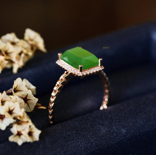 18K玫瑰金和田玉（碧玉）满钻方戒/切割方牌7*9mm/苹果绿 商品图2