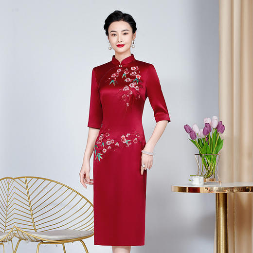 MLY旗袍春夏醋酸缎刺绣女复古改良旗袍婚礼喜婆婆优雅宴会 商品图3