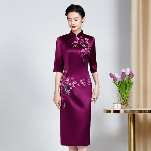 MLY旗袍春夏醋酸缎刺绣女复古改良旗袍婚礼喜婆婆优雅宴会 商品图2