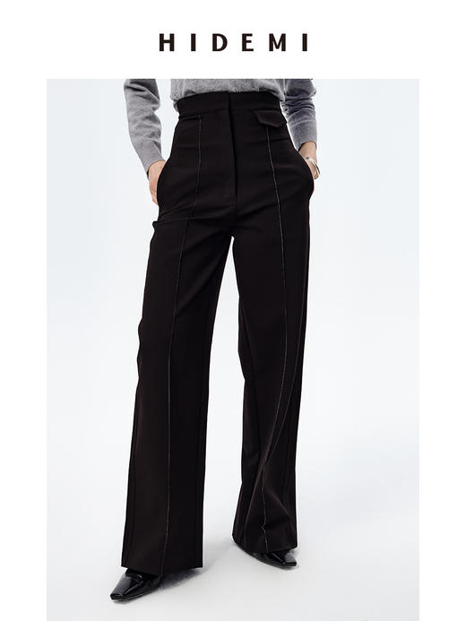 HIDEMI 显瘦高腰明线设计感口袋式阔腿西裤 商品图0