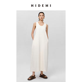 HIDEMI 自然棉系列高密竖条针织U型领针织阔型口袋长裙 蓝灰色/白