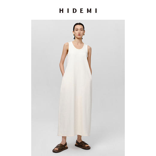 HIDEMI 自然棉系列高密竖条针织U型领针织阔型口袋长裙 蓝灰色/白 商品图0